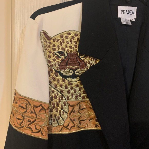 Privata Black/Ivory/Gold Embellished Wool Lined Blazer sz 10 - Picture 3 of 5